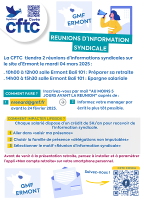 04 mars : réunions d’info CFTC à ERMONT – Retraite & épargne salariale