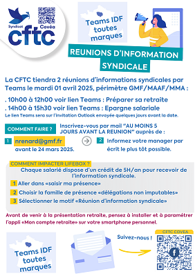 1er avril : réunions d’info CFTC par Teams en Ile de France – Retraite & épargne salariale