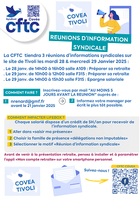 28 et 29 janvier : réunions d’info CFTC à TIVOLI – Retraite & épargne salariale